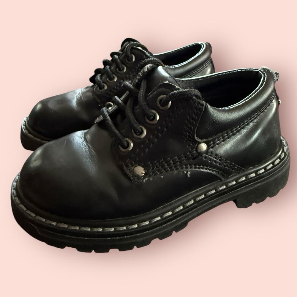 Vtg Y2K Black Chunky Shoes Kids Boys Toddler 7 Lace Up Gorpcore Lug Sole Combat